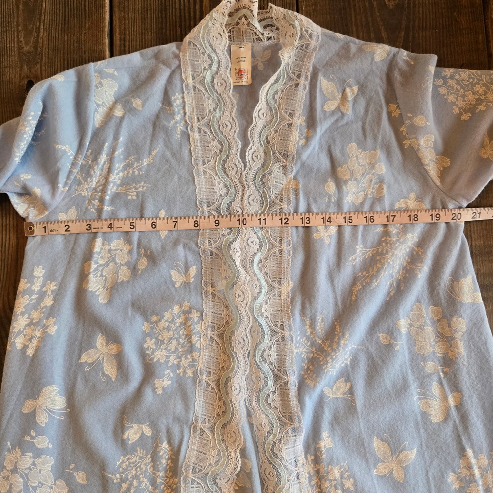 Vintage 60s Robe Womens Large Light Blue Floral Butterfly Lace Duster Peignoir‎ - Picture 4 of 7